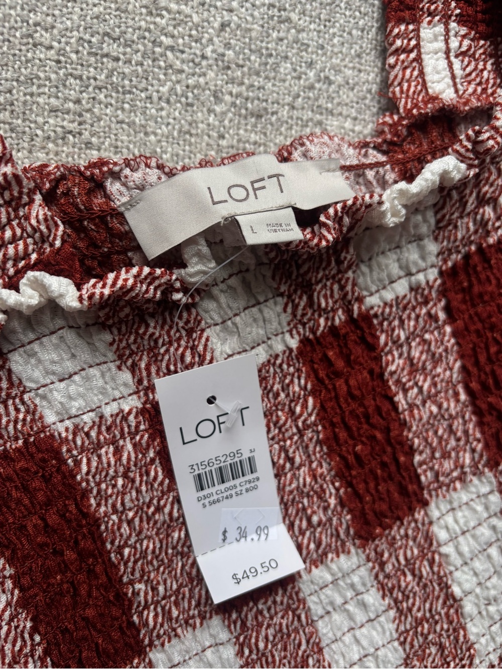 NWT Loft Rust & White Smocked Stretchy Peplum Sleeveless Top - Picture 3 of 5